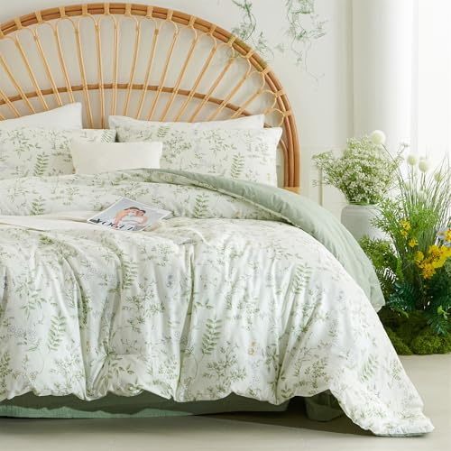 Freyamy Blumen Bettwäsche 135x200,Weiß Floral Weiß Bettwäsche-Sets 2tlg,100% Baumwolle Botanisch Weich Bettwäsche Wende Grün,Bettbezug mit Reißverschluss und 1 Kissenbezüge 80x80cm