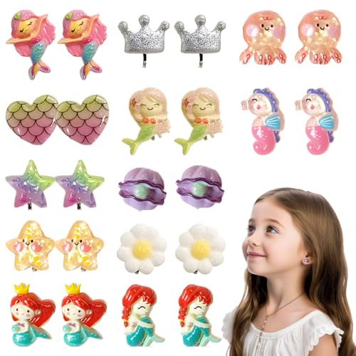 ZILZUFA 12 Paar Klipp Ohrringe Kinder Mädchen, Ohrclips Mädchen, Ohrklipser Kinder, Clip Ohrringe Mädchen, Ohrklipser Kinder, Magnet Ohrringe Mädchen, Schön-Meerjungfrau-Prinzessin-Ohrring Set