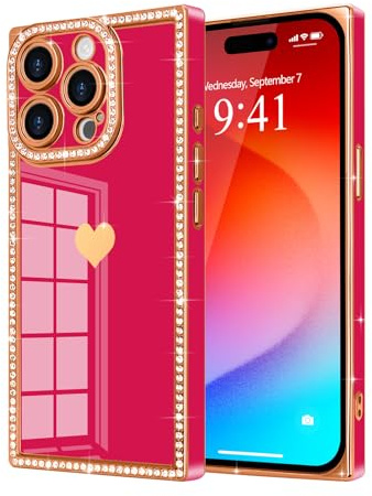 Urarssa for iPhone 15 Pro Max Case, Rectangle Bling Sparkly Diamond Glitter Phone Case for Women Girls with Cute Heart Pattern Camera Lens Protection Slim TPU Bumper Shockproof Plating Cover, Hot Pink