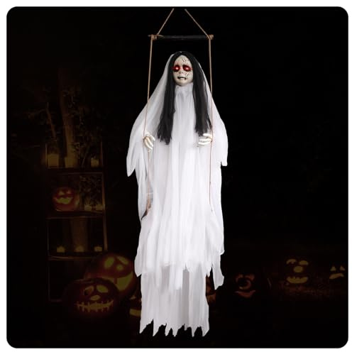 Halloween-Dekorationen zum Aufhängen, schwingend, lebensgroß, gruselig, schwingende Puppe, Sound-Touch-aktiviert mit leuchtenden Augen und gruseligen Schreien, 1,5 m, Halloween-Spukhaus und