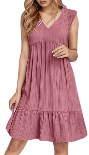 Vestidos Mujer Invierno Mujer Vestido de Verano sin Mangas Cuello en V Mini Vestidos Moda Casual Fluido Boho Volantes Línea A Swing 2025 Vestido Lila Mujer, Rosa., M
