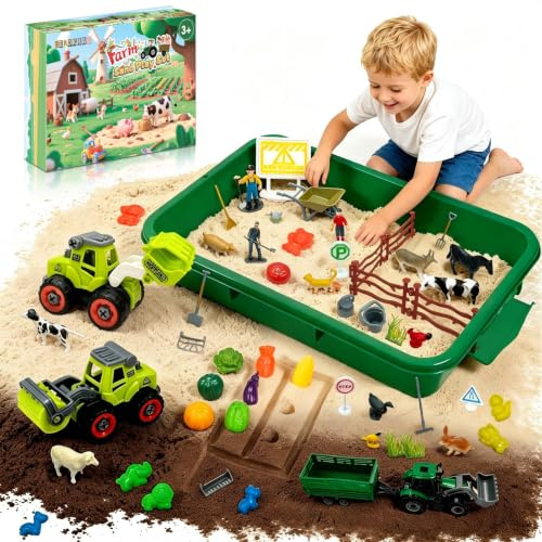 TEBOKHAD Arena Juguetes Mágica De Granja, Cofre De Arena Mágica Con 1 Kg Sand, Animales Granja Juguetes, Sensorial Arena, Caja De Arenas Con Tapa, Arenas Para Arenero Infantil Para Niños De 3+ Años