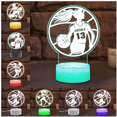 MYZQIFF Benutzerdefinierter Name Frauen Basketball Nacht Licht, personalisierte LED Licht 16 Farben 3D Illusion Basketball Spieler Lampe Weihnachten Geburtstag Basketbälle Geschenke