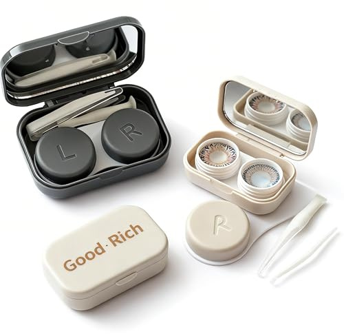 AEUXZA Lot de 2 Étui Lentilles de Contact avec Miroir pour Lentilles de Couleur & Souples – Kit de Voyage Compact Beige & Gris – Accessoires Inclus Pince & Ventouse pour Vacances & Quotidien
