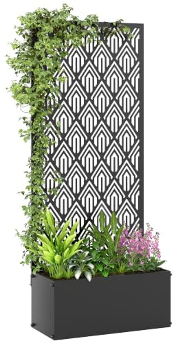 Outsunny Jardinière avec Treillis Motif Géométrique 45x21,5x110cm Noir | Brise-vue Pare-vue, Bac à Fleurs, Lit Surélevé, pour Plantes Grimpantes, Légumes, Fleurs, Intérieur et Extérieur, Métal