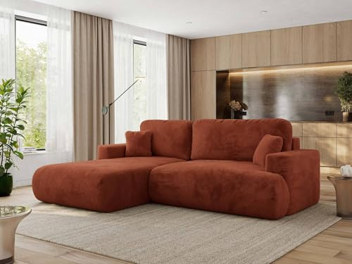 MKS MEBLE Ecksofa Wohnlandschaft L-Form mit Schlaffunktion und Bettwäscheschrank, Schlafsofa mit Bettkasten, modernes Sofa OVO L - Links - Orange Plüsch