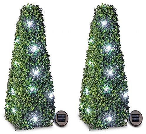 Primrose Pair of 60cm Topiary Obelisk Solar Powered LEDs Leaf Effect Green Buxus Indoor Outdoor Artificial Tree Decorations