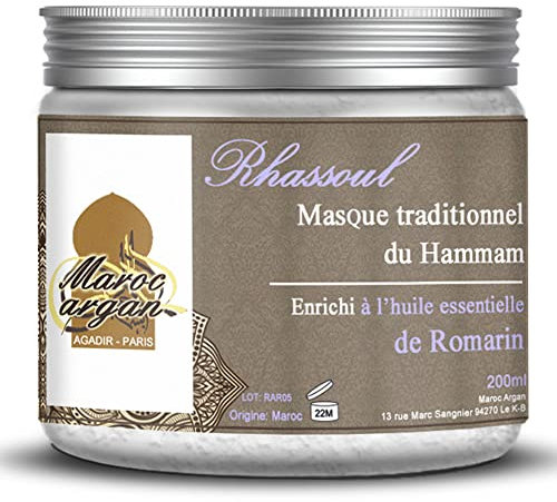Rhassoul Pulver mit ätherischem Rosmarinöl – reinigender Ton, 100% natürlich und hypoallergen – Maske für Haut und Haar – 250 g