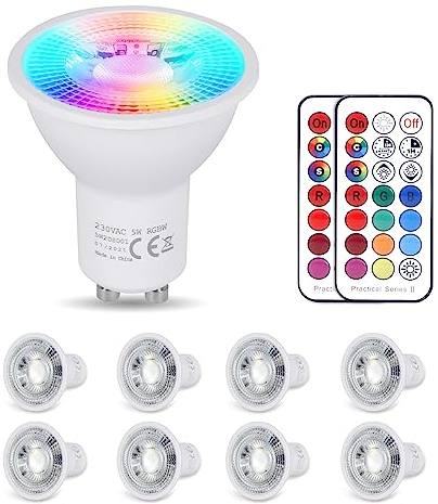YAYZA! LED GU10 Warmweiss Lampe 8-er Pack (5 W) Dimmbar, RGB 3000K, 450LM Energiesparende Lampen, 5 Modi Farbwechsel LED Glühbirne mit Fernbedienung, Abstrahlwinkel 120° Reflektorlampen
