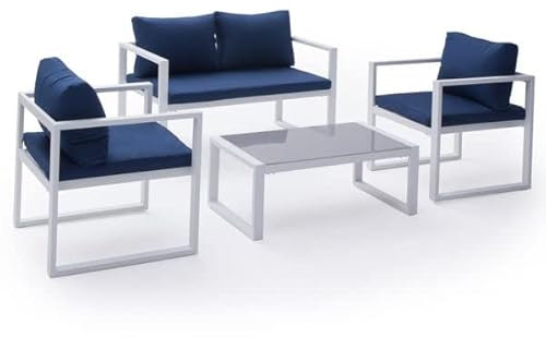 Salon de Jardin Ibiza en Tissu Bleu 4 Places - Aluminium Blanc