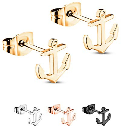Treuheld® | Anker Ohrstecker/Ohrringe aus 925 Sterling Silber | 7mm x 8mm x 0,8mm | Gold | Set/Paar Anchor Schmuck Stecker | Damen & Herren