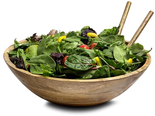 Fairwood Way Wood Salad Bowl Set - 15 Inch Extra Large Wooden Salad Bowl with Serving Utensils - Mango Wood Serving Bowl and Servers Holds 9 Side Salads