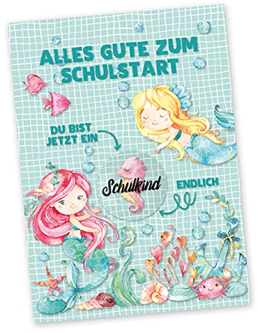 Papierdrachen Postkarte mit Button | Alles Gute zum Schulstart zum Verschicken und Verschenken | Design Meerjungfrau | 35mm Button bedruckt mit Schulkind