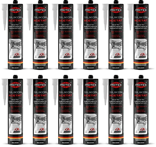 PRITEX – Sanitär Silikon transparent 12x 300 ml zum Abdichten & Verfugen – Acetat für Bad, Dusche & WC – wasserdicht, langlebig & schimmelresistent – Fugendichtmasse mit sehr guter Haftung