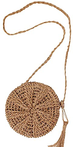 Hsthe Sea Stroh Umhängetasche Runde Stroh Umhängetasche Handgemachte Vintage Sommer Strandtasche Stroh Tasche Strandtasche Umhängetasche für Frauen Mädchen (Hellbraun)
