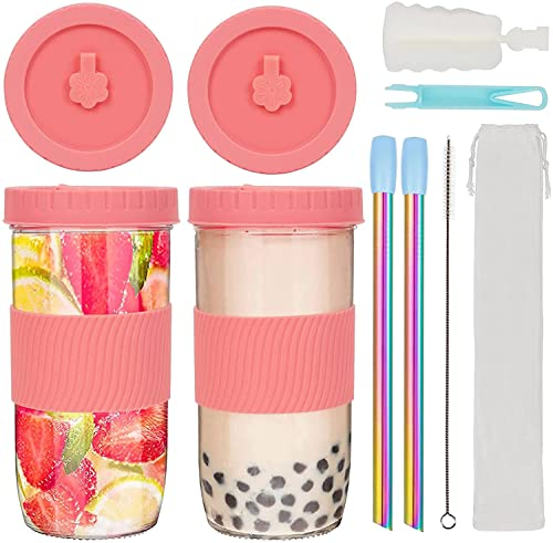 ZgoEC 24oz Bubble Tea Becher mit Strohhalm, 2 Stück Gläser mit Deckel und Strohhalm, Bubble Tea Becher Glas Trinkbecher mit Strohhalm, Smoothie Glas Tumbler Cup Glasbecher für Kaffee