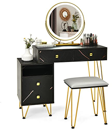 COSTWAY Dressing Table Set, Modern Vanity Makeup Table Stool Set with 3 Color Detachable LED Mirror, Home Bedroom Cosmetics Dresser Furniture Gift (Black with Side Cabinet)
