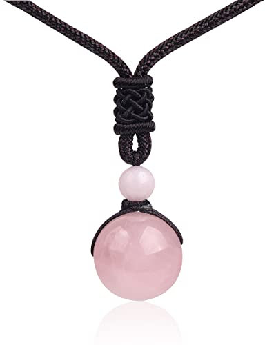Gem-Inside 16mm Round Natural Pink Rose Quartz Real Crystal Braided Rope Long Pendant Necklace 26 Inch Gift
