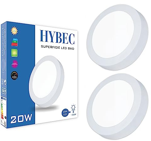 HYBEC - Plafón LED de exterior, lámpara de baño, lámpara de techo, lámpara de cocina, 6500ºK 20W (Pack 2)