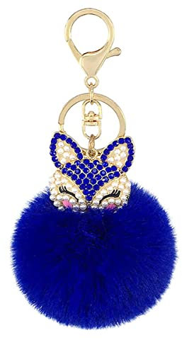 Porte-clés Alliage Pompom Mignon Renard Porte Clé Hairball Trousseau Filles téléphone Purse Voiture Sac Pendentif Ornements Décoration (Bleu marine)
