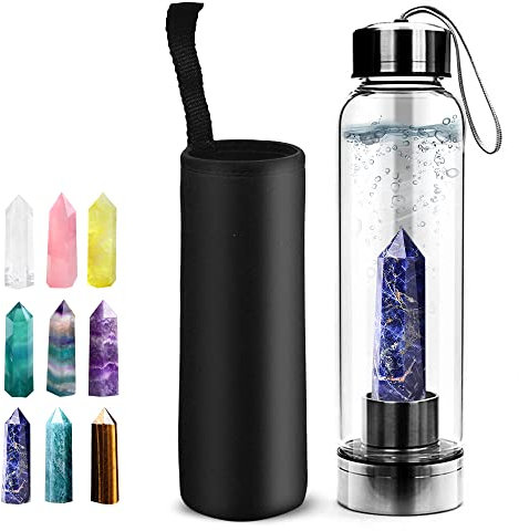 HINATAA Crystal Water Bottle, Removable Healing Natural Quartz Water Bottle, 550 ml (Blue-Vein)