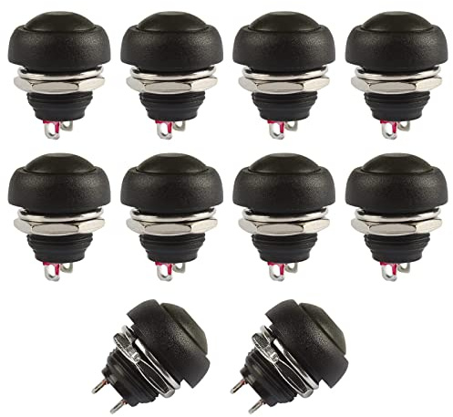 Ampper Interruttori a Pulsante momentaneo, 2 Pin On/off AC 250V/1A 125V/3A DC 12V/3A 12MM Interruttori a Pulsante momentaneo Tondo SPST normalmente Aperto (Nero, Confezione da 10)