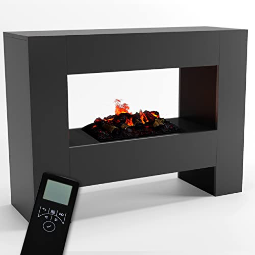 GLOW FIRE Wasserdampf Kamin FALLADA (Standkamin) - Elektrokamin mit realistischen LED 3D-Flammen, Knistereffekt & Fernbedienung, 120x90x40 cm - Opti-Myst 500 Elektro Kamin mit Holz-Deko, Grau