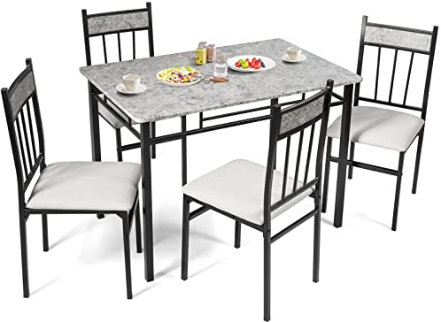 COSTWAY 5-teiliges Esstisch-Set, Esstisch mit Tischplatte aus Kunstmarmor, Essgruppe mit gepolstertem Stuhl, Küchentisch mit 4 Stühlen, Sitzgruppe für Esszimmer, Küche, platzsparend