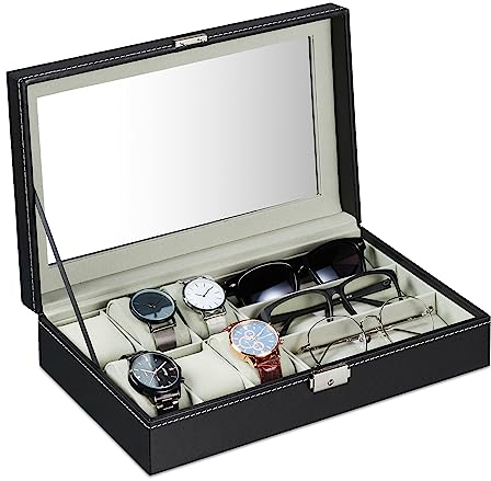 Relaxdays Schmuckaufbewahrung, Schmuckkasten für 3 Brillen, 6 Uhren & Schmuck, HBT: 8 x 33 x 20 cm, Lederoptik, schwarz