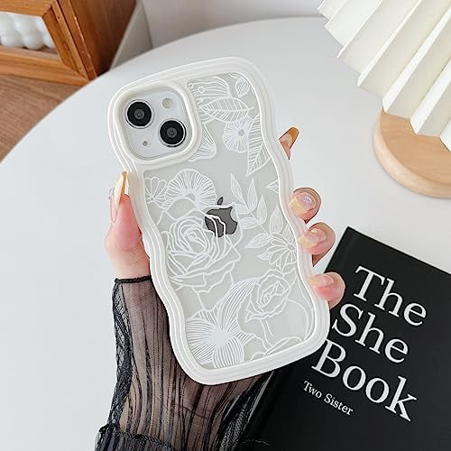XIZYO Clear Rose Case for iPhone 13/iPhone 14 6.1 Inch, Cute Flower Floral Pattern Curly Wave Frame Aesthetic Phone Case, Transparent Soft TPU Luxury Slim Shockproof Protective Cover, White