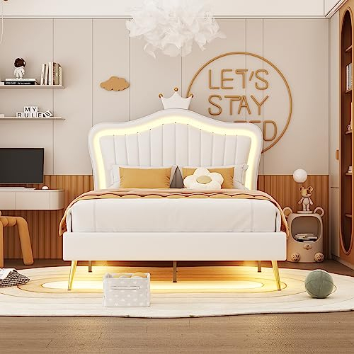 Kinderbett Polsterbet 90 x 200 cm, Bettgestell für Mädchen, weißes Kronen-Doppelbettgestell aus PU-Leder mit LED-Leuchten, Lattenrost und Rückenlehne(Matratze Nicht enthaltet) (Weiß, 90 x 200 cm)
