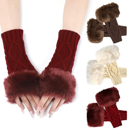 PHOGARY 3 Paar Halb Fingerlose Handschuhe, Winter Armstulpen Damen Kunstpelz Warme Strickhandschuhe Handschuhe mit Fingerlöchern Halb Handstulpen Pulswärmer für Herbst Winter Draußen und Drinnen, B