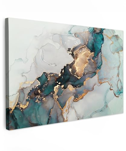 MuchoWow© Bilder Groß 120x80 cm XXL Wohnzimmer Deko Modern Wandbild Foto auf Leinwand Bild Schlafzimmer Room Decor Geschenke Gemälde Wandbilder Blau - Marmor - Gold
