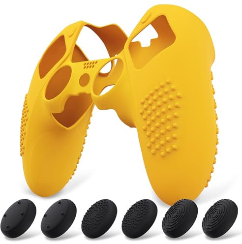 playvital Coque Protection pour ps5 Edge Manette,Housse Silicone avec 6 Capuchon Joystick pour ps5 Edge Controller Cover Skin,Anti-Dérapante Accessoire-Jaune Attention,3D Studded Edition