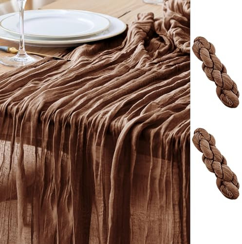 Asee'm 2PCS Tischläufer Käsetuch 300 x 90cm Braun Boho Transparente Läufer Tisch Hochzeit Gaze Stoff Rustikale Käse Tuch für Braut Dusche Party