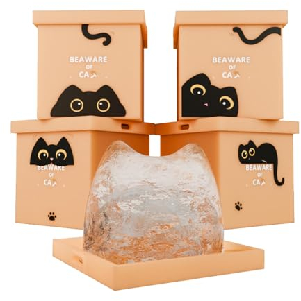 Cat-Themed Ice Cube Molds Trays with Lid (Set of 4) - Create Cute Cat-Shaped Ice Cubes, 100% Food-Grade Silicone, Unique 'Box' Design Inspired by Cat Hideouts, Doubles as Egg Holders (Orange)