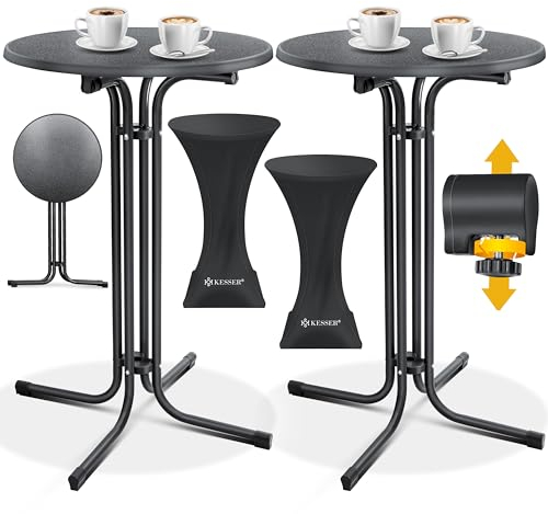 KESSER® Gastro Stehtisch klappbar Bistrotisch 2er Set | Pulverbeschichtete Edelstahlplatte | höhenverstellbare Füße | Party-Tisch Ø 70cm | In- & Outdoor | Empfangstisch mit Husse | Klapptisch Schwarz