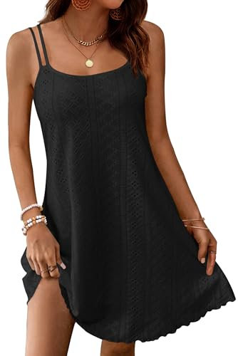 WNEEDU Abiti Estivi Donna Senza Maniche Vestito Leggero con Spalline Sottili Corto al Ginocchio Casual Abito Scollo Rotondo Nero M