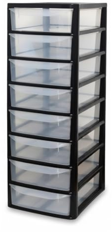 A4 Clear Slim Storage Drawer - Plastic Multipurpose Desktop Storage Unit - Space Saving Organiser For Stationery, Craft Supplies, Document Organiser Desk Storage Drawers (Black/Clear, 8 Tier)
