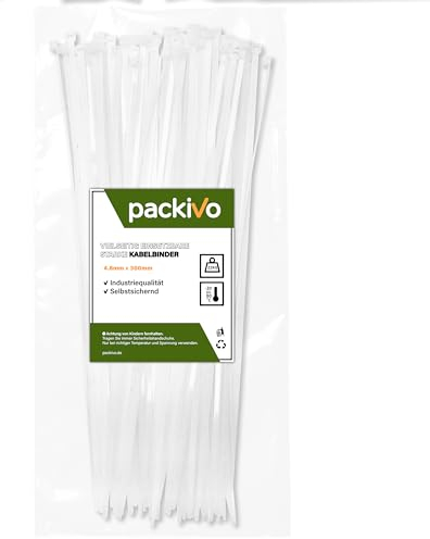 PACKIVO Lot de 100 serre-câbles professionnels - 4,8 x 300 mm - Blanc - Qualité industrielle - Résistance à la traction jusqu'à 22 kg - Super durable - Gestion des câbles - Industrie, ateliers,