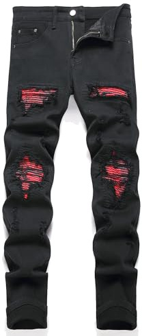 OIIIO Men's Patch Ripped Stretch Regular Fit Jean, 6657 Black, 30