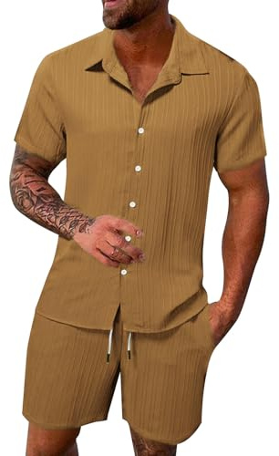 Sunnyuk 2 Teiler Herren Sommer Einfarbig Musselin Sportanzug Leinenanzug Herren Zweiteiliges Kurzarm Button-Up Revers Hemd und Shorts Set Jogginganzug Trainingsanzug Hawaii Anzug Sommer Outfit