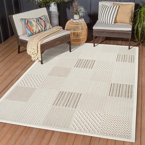 Taracarpet In & Outdoor Kurzflor Teppich Küchenteppich wetterfest auch für Balkon und Terrasse modern Boho Skandi Creme bunt kariert 200x290 cm