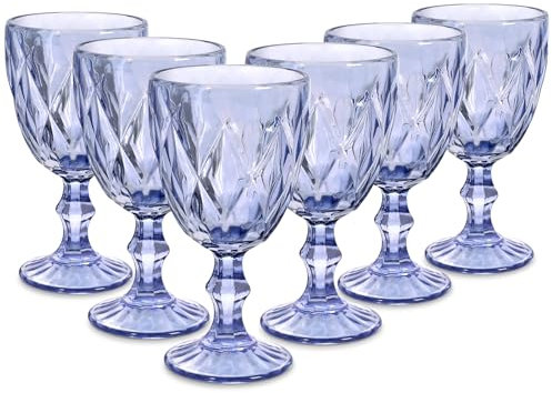ysnn Blaues Weingläser, Set mit 6 Vintage-Trinkgläsern, Wasserkelche für Wein oder Cocktails, niedliches Trinkglas mit romantischen geprägten Glaswaren für Hochzeit, Party, Urlaub, Jahrestag
