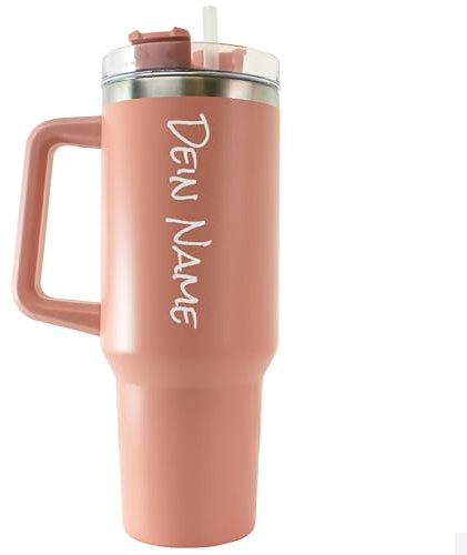 Tumbler Trinkbecher mit Strohhalm 1.18L 40OZ Thermobecher mit Griff hält kühl oder warm Becher mit Deckel und Strohhalm personalisiert mit Namen Tragbarer Autobecher Kaffeebecher TO-GO (Hellrosa)