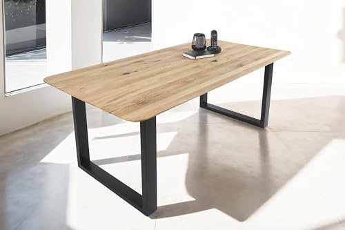 SAM Esstisch 180 x 90 cm Lotte, Eichenholz massiv & geölt, Esszimmertisch mit Schweizer Kante/runde Ecken, U-Gestell aus Metall Schwarz, pflegeleichter Holztisch