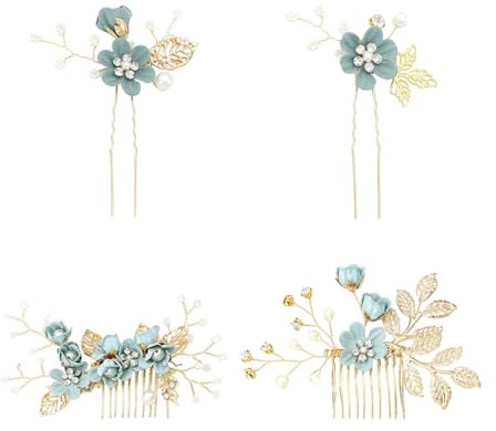 CHSZSH 4 Stck Blumen-Haarschmuck, Boho-Braut-Haarschmuck, Strass-Hochzeits-Haarnadeln, Dekorative Kopfbedeckungen fr Frauen - Grasgrn