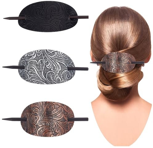 NICENEEDED 3 pince à Cheveux en Cuir Barrettes à Cheveux avec Bâton Barrette à Cheveux de Forme Ovale pour Queue de Cheval Support Élégant pour Chignon