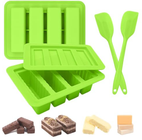 JINGIHE 4-Cavity Rectangle Butter Silicone Molds, Deep Chocolate Bar Moulds with Spatula, Silicone Moulds Kit for Soap Bread Brownie Cornbread Cheesecake Baking DIY (Green)