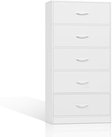 WOLTU Kommode schmal, Schrank mit 5 Schubladen aus Stoff, Aufbewahrungskommode weiß, Sideboard Schlafzimmer Wohnzimmer Flur, aus Holzwerkstoff Metall, modern, 54,8x30x109,5 cm, SSK015ws